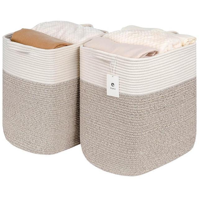 Laughbird Toy Storage Baskets for Clothes Fabric Cotton Rope Storage Basket with Handles, Decorative Woven Basket for Living Room,Closet Organizer Blankets, and Toys (White Brown 2bags)