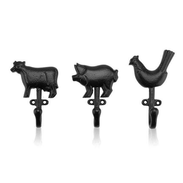 CRAFTSMAN ROAD Farm Animal Cast Iron Wall Hooks (Black Finish, Set of 3) - Rustic, Farmhouse Coat Hooks | Great for Coats, Bags, Towels, Hats