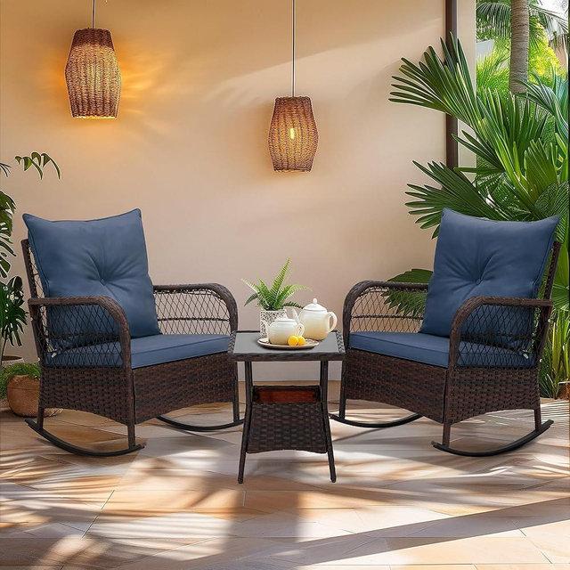 MELLCOM 3 Piece Patio Set, Rocking Chair Outdoor with Thick Cushions and Glass Table for Balcony Front Porch Poolside Garden Deck, Blue
