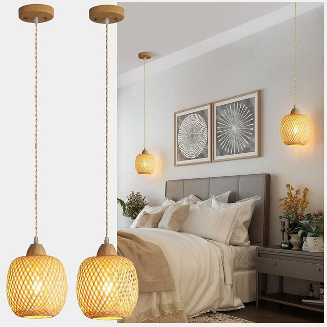 XIYOUVE Bamboo Pendant Light Fixture, 2-Light Handmade Woven Pendant Lighting, with Adjustable Rustic Basket, for Kitchen Island Farmhouse Dining Room Living Room, ETL Listed