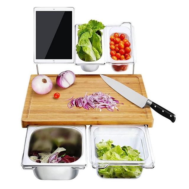 Bamboo Cutting Board with Containers (Set of 4), Chopping Boards for Kitchen, Chopping Board with Juice Groove for Meat Fruits and Vegetables, Natural Serving Tray with Easy Grip Handle(16" x 10")