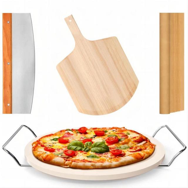 5 PCS Round Pizza Stone Set, 13" Pizza Stone for Oven and Grill with Pizza Peel(OAK),Serving Rack, Pizza Cutter & 10pcs Cooking Paper for Free, Baking Stone for Pizza, Bread