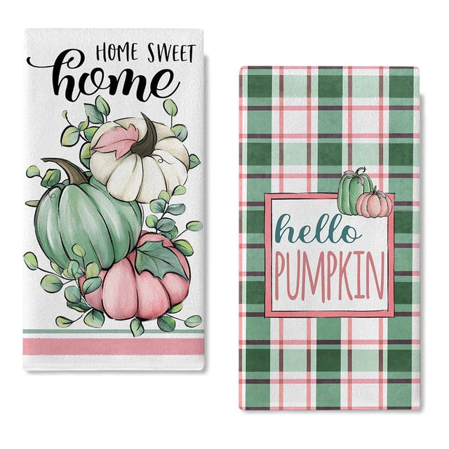 Seliem Fall Hello Pumpkin Kitchen Dish Towels Set of 2, Green Pink Autumn Plaid Check Hand Towels Drying Baking Cooking Cloth, Thanksgiving Farmhouse Home Sweet Home Kitchen Decor 18 x 26 Inch