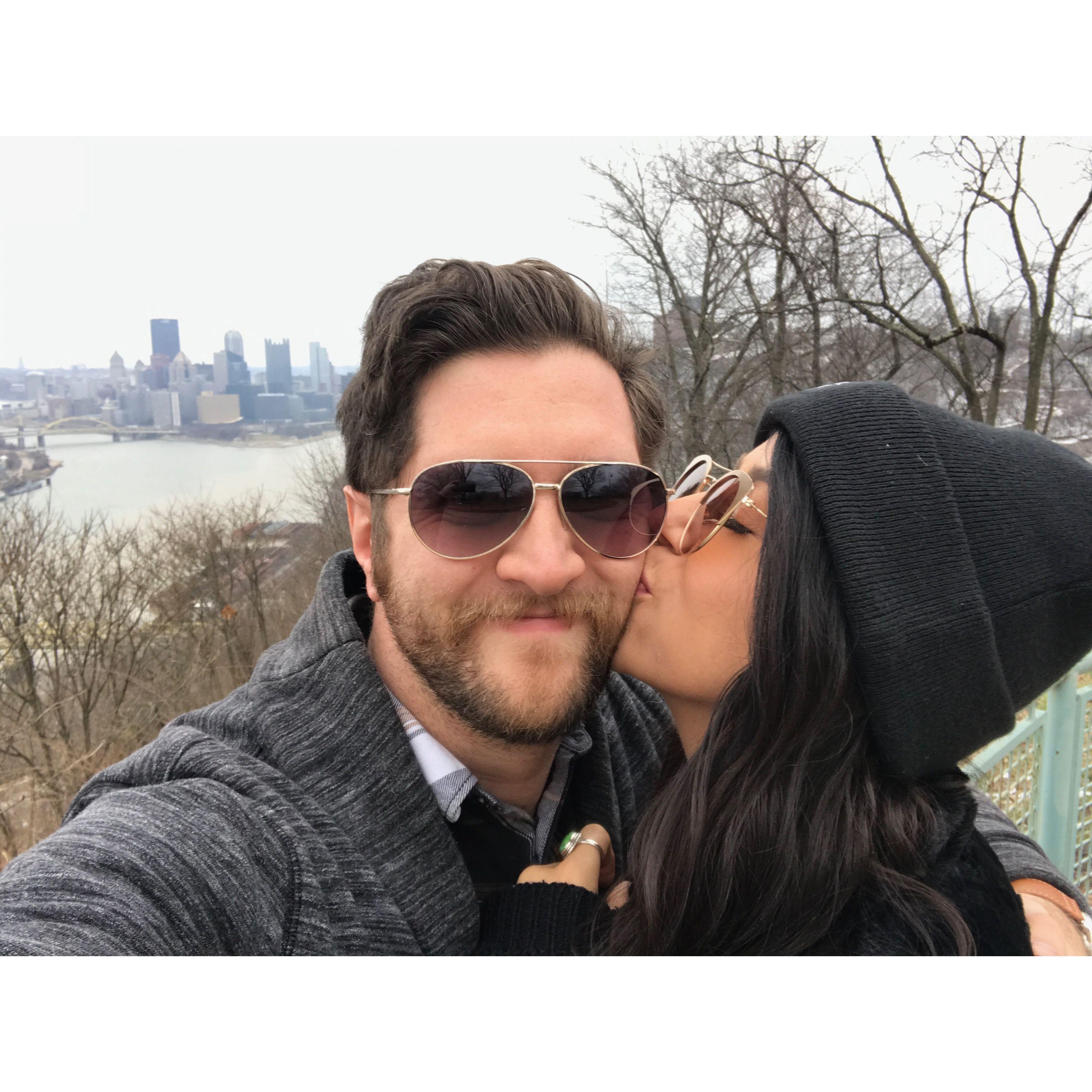 2018. One of the first dates, trekking around Pittsburgh trying to identify the fortifications of Pittsburgh.