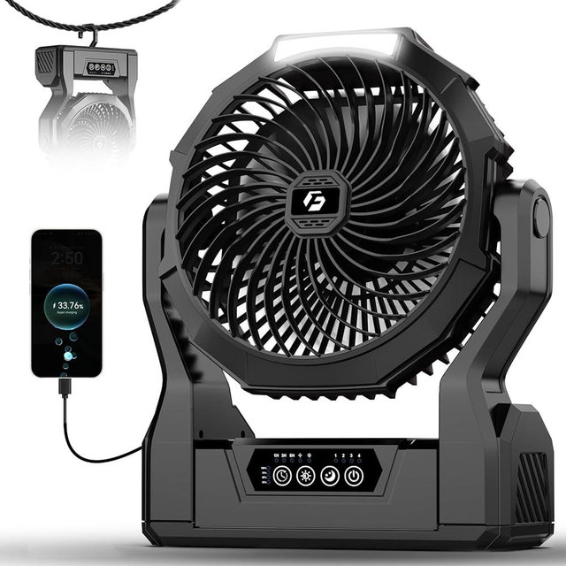 XZK 24000mAh Rechargeable Camping Fan, 64H Runtime Battery Powered Portable Travel Fan with LED Light, Tent Fans for Indoor,Outdoor,Fishing,Jobsite & Hurricane Emergency,Gifts for Men Dad Him,Black