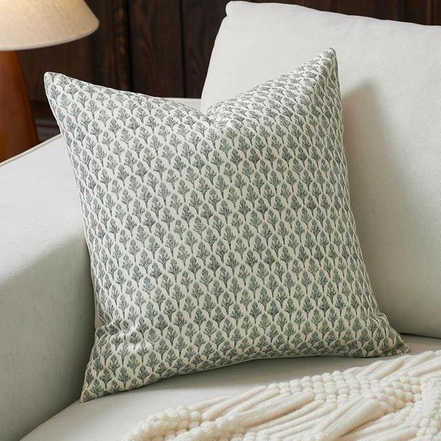 FIOUOVO Floral Pillow Covers 18x18 Pillow Cover Block Print Couch Pillows for Living Room Decorative Neutral Accent Throw Pillow Covers, 1PC, Olive Green