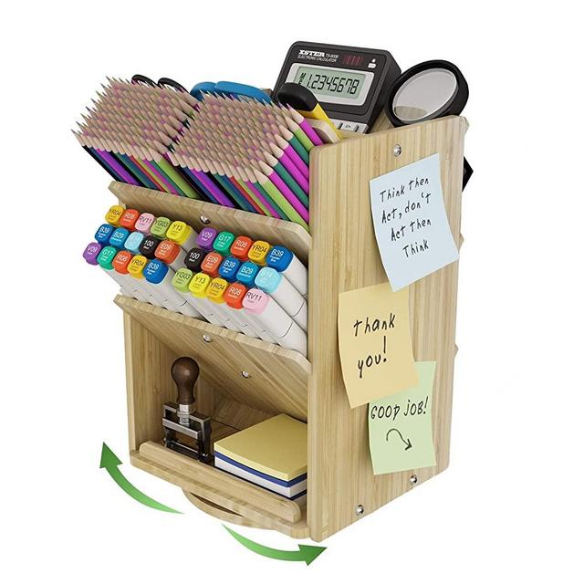 Bamboo Desk Organizer Storage Accessories - Ultra-large 13 compartments, 1000+ Pencil Holder Capacity, Easy DIY Assembly, DF Darfoo Rotating Desktop Organizer for women, Cosmetics, and Office Supplies