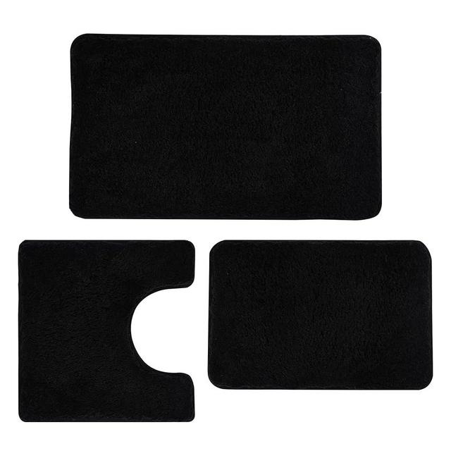 WCBSTT 3 Pieces Luxury Bathroom Rug Set with U-Shaped Toilet Rug, Non-Slip Rubber Bottom, Thick Microfiber Fluffy Plush, Water Absorption, Quick Dry, Ultra Soft, Bath Mats for Bathroom, Tub(Black)
