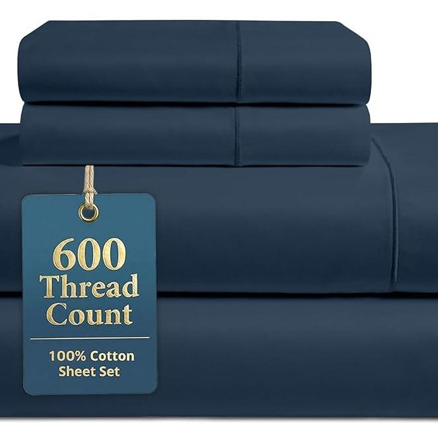 LANE LINEN King Bed Sheets – 600 Thread Count Long-Staple 100% Cotton King Size Bed Sheets, Hotel Luxury Soft Silky Sateen Weave, Durable for Daily Use, Fully Elasticized 15" Deep Pocket – Denim