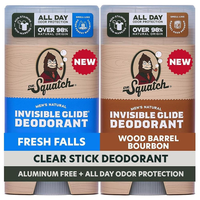 Dr. Squatch Invisible Glide Natural Men’s Deodorant – Smooth Glide, No Stains – Aluminum Free Deodorant Men – Safe for Sensitive Skin – Fresh Falls + Wood Barrel Bourbon – 2.65oz (2-Pack)