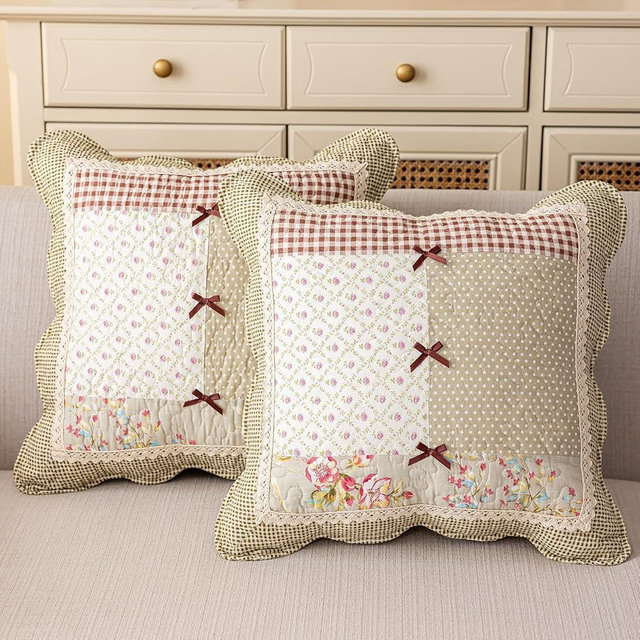 vctops Set of 2 Quilted 100% Cotton Boho Throw Pillow Covers 18" x 18" Farmhouse Country Floral Patchwork Decorative Cushion Cover, Patchwork Flower C