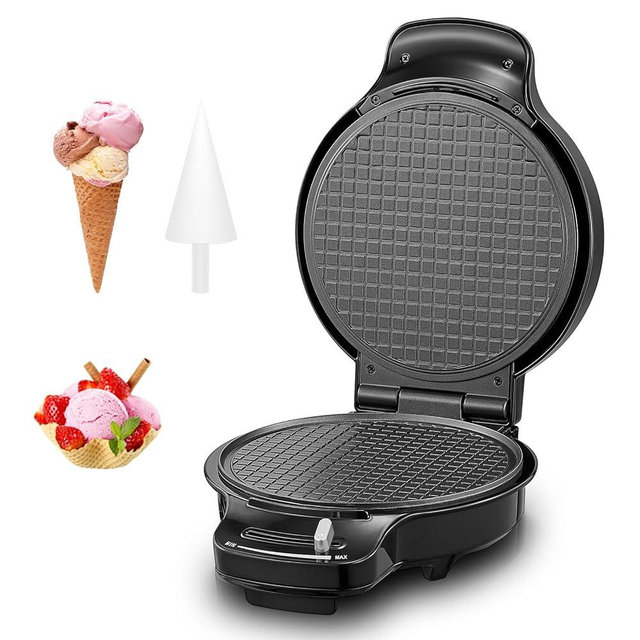 FOHERE Waffle Cone Maker Machine and Ice Cream Bowl Maker with Temperature Control, Double Side Nonstick Waffle Bowl Maker with Cone Roller, 7.5” Thin Waffle Maker for Home Kitchen (black)