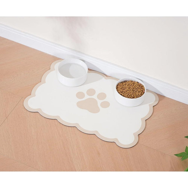 Ralxion Scalloped Dog Feeding Mat, Absorbent Mats for Dog Food and Water Bowl, Dispenser, Cute Elegant Aesthetic Khaki Beige Scallop Pet Placemat for Dogs, Cats, Puppy Accessories, 17" X 24”