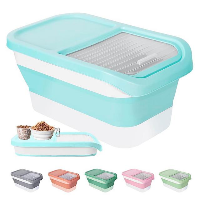DDMOMMY Collapsible Dog Food Storage Container, 10-13 LB Large Pet Cat Food Containers Bin with Lids, Foldable Kitchen Cereal Rice Storage Bin with Measuring Cup and Silicone Bowl (‎Blue White)