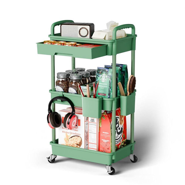 Sorgion 3 Tier Rolling Cart Organizer,Laundry Room Bathroom Organizers and Storage Office Shelves Mobile Shelving Unit Kitchen Trolley Cart with Wheels for Art,Craft,Diaper,Bedside,Snack(Green)