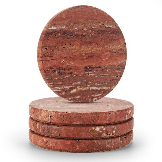 WORHE Marble Coaster for Drinks 4" Diameter Set of 4 Round Travertine Coasters for Home Decor Office Parties Birthday Housewarming Gift, Protect Countertops from Dirty,Sturdy and Tough Red (WH026)