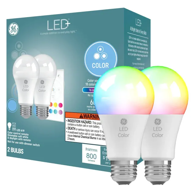GE 2pk LED Color Aline Changing A19 LED Light Bulbs: Multicolored, Remote Control, Energy Star Certified, 60W Equivalent