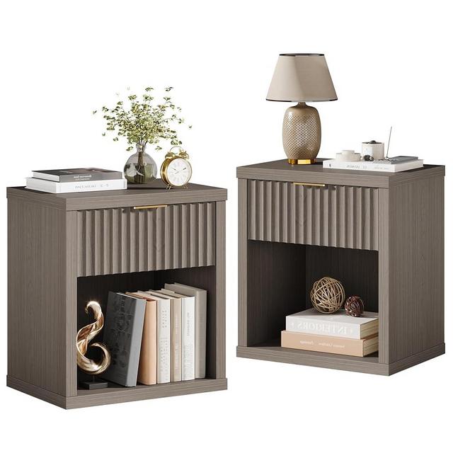 Eclatara Fluted Night Stand Set of 2: Modern Minimalist Large Nightstands with Drawer Storage, Mid Century Wood Bedside Table End Table for Bedroom Home Office(Walnut Grey)
