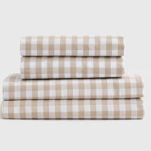Classic Organic Percale Gingham Sheet Set in Cafe - Queen