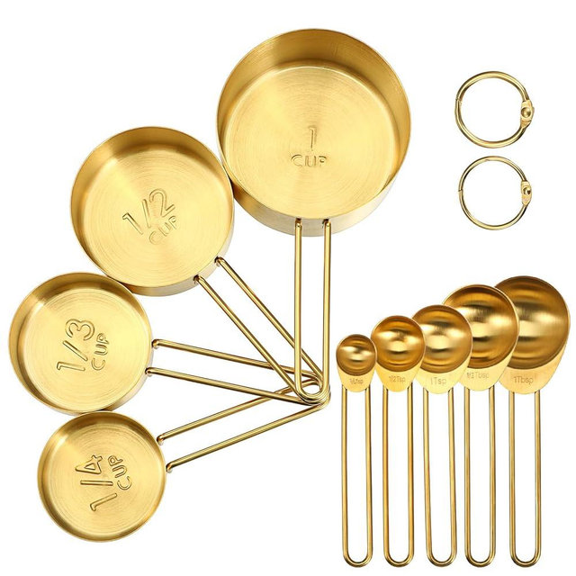 9 Pcs Golden Stainless Steel Measuring Cups and Spoons Set, Stackable & Long Handle, Premium Metal Measuring Cups and Stainless Steel Measuring Spoons Set for Liquid & Dry Ingredients Baking Cooking
