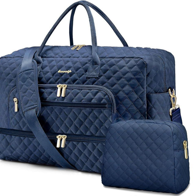 Large Women Travel Duffle Bag - Carry on Overnight Bag Weekend Travel Duffel Tote Bag Yoga Gym Bag with Wet Pocket Toiletry Weekender Overnight Bag for Travel Business Trips Sport Hospital Navy