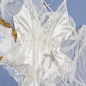 Lacy Plunge Satin Romper - Pearl