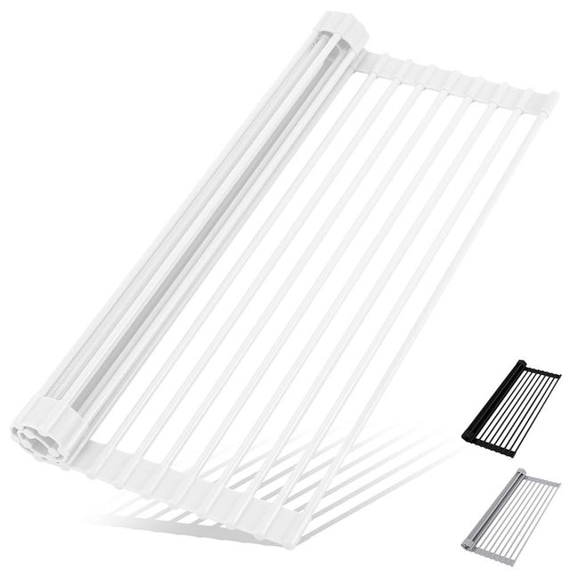 HANZENMA Roll Up Dish Drying Rack Over The Sink Kitchen Roll Up Sink Drying Rack Multipurpose Foldable Sink Drying Mat, Heat-Resistant, Anti-Slip & Anti-Rust Dish Rack for Kitchen, 20.5" x 13", White