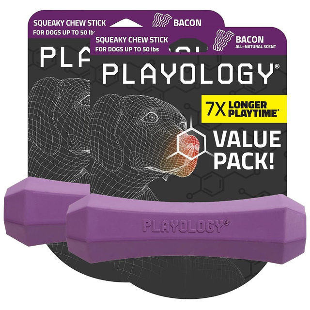 Playology Dog Toys | Squeaky Chew Stick for Dogs, Value 2-Pack | Bacon Scented Medium Fetch Toy | Squeaky Dog Chew Toys