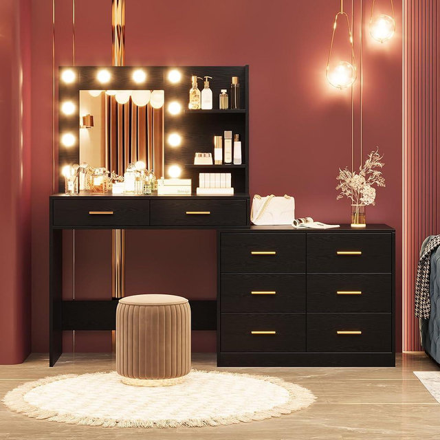 GarveeHome 61 in Make up Vanity Desk with Mirror and Lights, Black Vanity with 8 Wide Storage Drawers & 2 Tier Shelves, 3 Lighting Modes with Adjustable Brightness for Bedroom