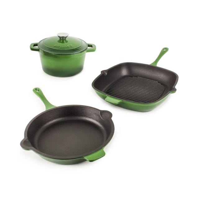 BergHOFF Neo 4pc Cast Iron Cookware Set, Fry Pan, Grill Pan & Round Dutch Oven
