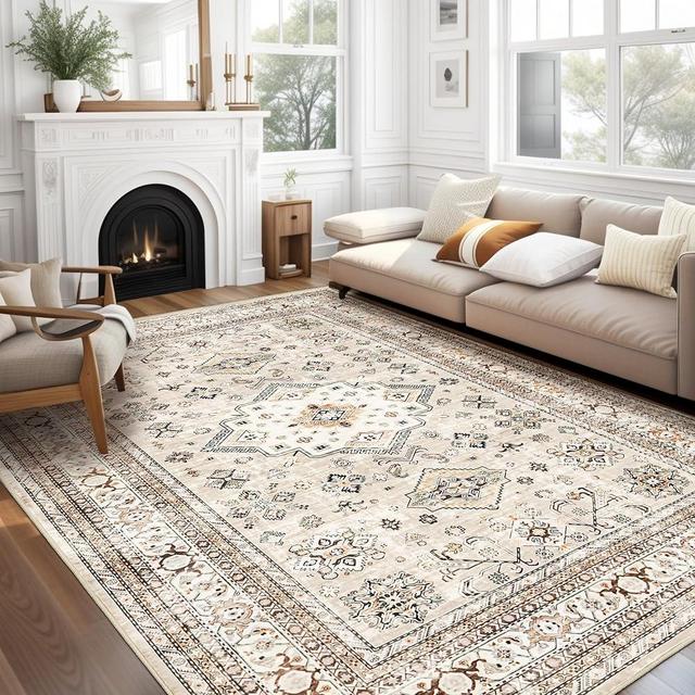 Vintage Living Room Area Rug 9x12 - Large Soft Washable Oriental Traditional Distressed Farmhouse Rugs for Bedroom - Indoor Floor Accent Carpet for Home Office House Decor - Beige