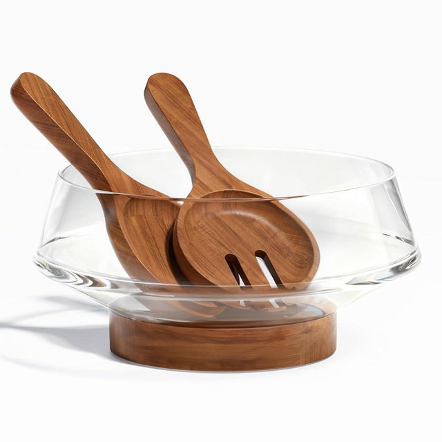 SoulThink® Golden Ratio Large Crystal Glass Salad Bowl Set - Hosting Essentials Salad Serving Bowl with Acacia Wooden Serving Utensils and Base - Dinner Party Must Haves for All Occasions