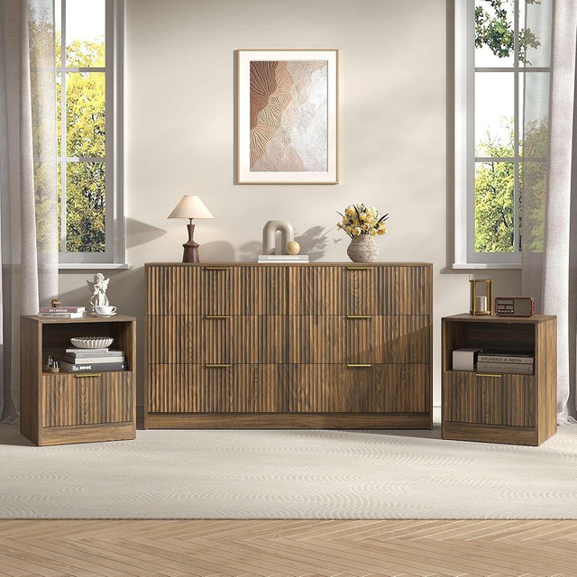 Sscaktu 3-Piece Modern Bedroom Furniture Set, Wide 6-Drawer Dresser & 1-Drawer Nightstands Set of 2, Natural Wood Dresser and Nightstand Sets for Bedroom, Hallway, Walnut