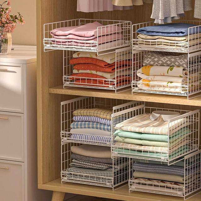 Hongtamoya 4-Tier Stackable Closet Organizers and Storage Shelves, Sliding Storage Basket Clothes Bins Drawer Shelf Container for Wardrobe Kitchen Bathroom Office, White