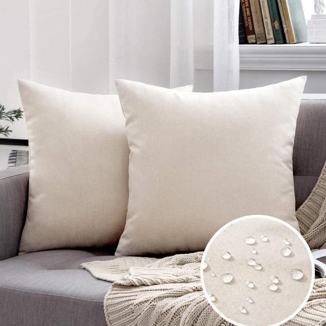 MIULEE Pack of 2 Decorative Outdoor Solid Waterproof Throw Pillow Covers Linen Garden Farmhouse Cushion Cases for Patio Tent Balcony Couch Sofa 16x16 inch Beige