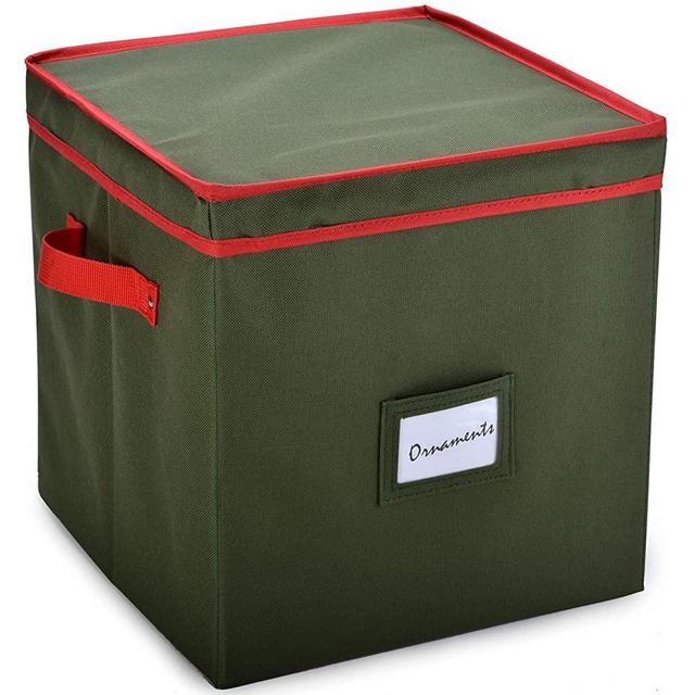 Christmas Ornament Storage - Stores up to 64 Holiday Ornaments, Adjustable Dividers, Covered Top, Two Handles. Attractive Storage Box Keeps Holiday Decorations Clean and Dry for Next Season. (Green)