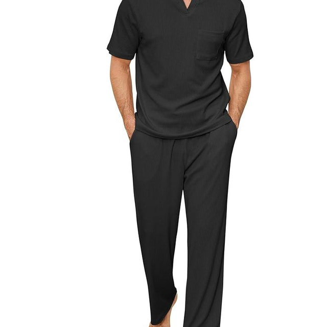 JiniGolla Mens Pajamas Set Soft Waffle Knit Short Sleeve Top and Pant Loungewear Sets 2 Piece Pjs with Pockets