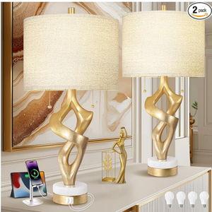 Scenekoy Sculptural Table Lamp Set of 2 with USB Ports for Bedroom Living Room, 26” Gold Leaf Marble Base Bedside Lamps, Pull Chains Switch Modern Nightstand Lamp for Home Room Decor (Bulbs Included)