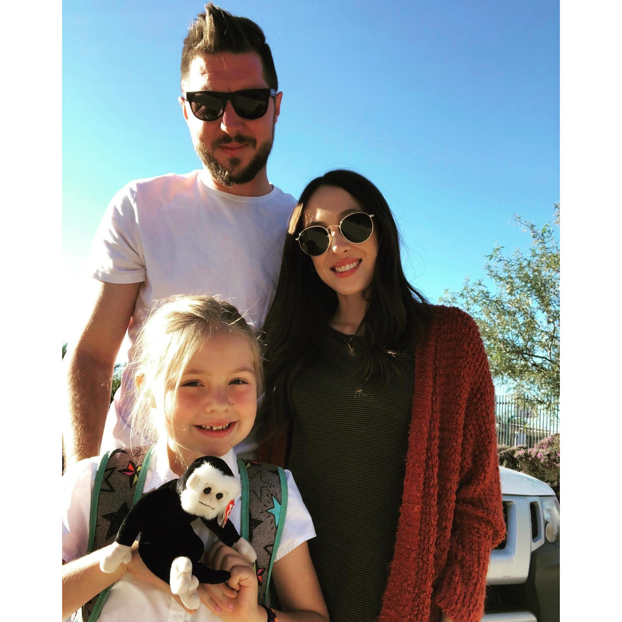 Devin and I taking Scarlett to school. Scarlett dressed as Jane Goodall for her Literature Day Parade.