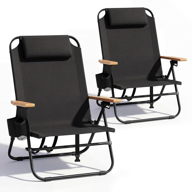 Cansky 2PCS Portable Beach Chair for Adults, Outdoor Lightweight Camping Chair with Wooden Desgin Armrests, 5-Position Reclining Flat Lay, Cup Holder, Zipper Pouch, Backpack, No Towel Rack, Black