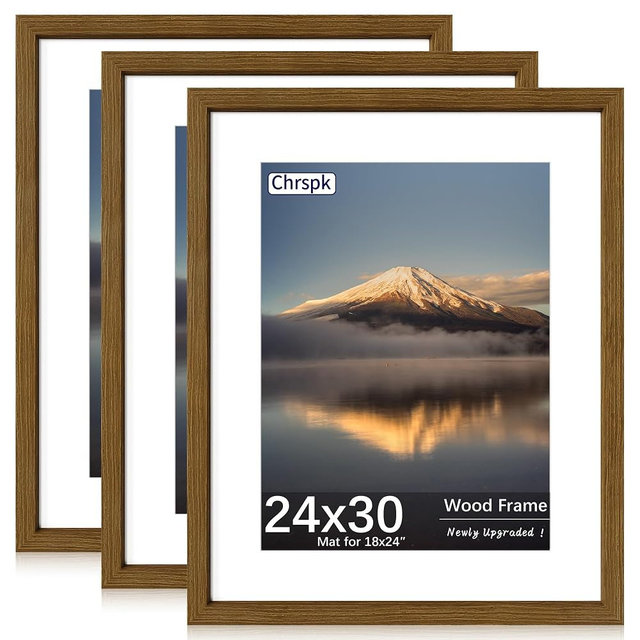 Chrspk 24X30 Poster Frame, Display Pictures 18X24 with Mat or 24X30 Without, Wall Hanging Frames, Rustic Brown, 3 Pack