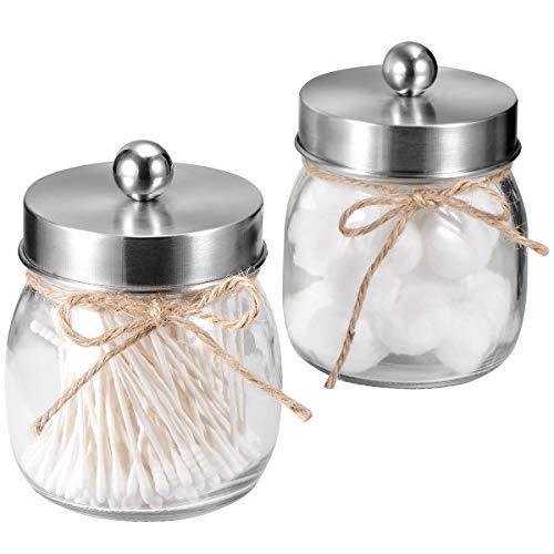 SheeChung Apothecary Jars Set,Mason Jar Decor Bathroom Vanity Storage Organizer Canister,Glass Qtip Holder Dispenser for Qtips,Cotton Swabs,Ball - Stainless Steel Lid/Brushed Nickel (2-Pack)