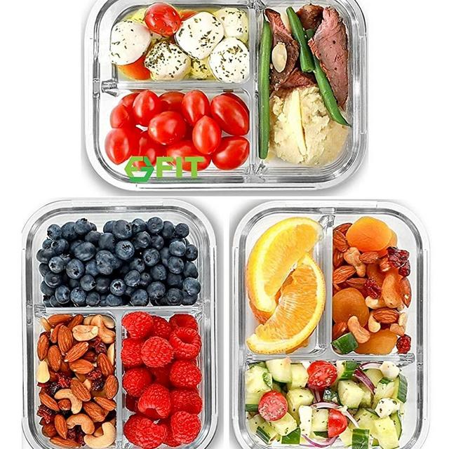 3 Compartment Glass Meal Prep Containers (3 Pack, 32 oz) - Glass Food Storage Containers with Lids, Glass Lunch Box, Glass Bento Box Lunch Containers, Portion Control, Airtight