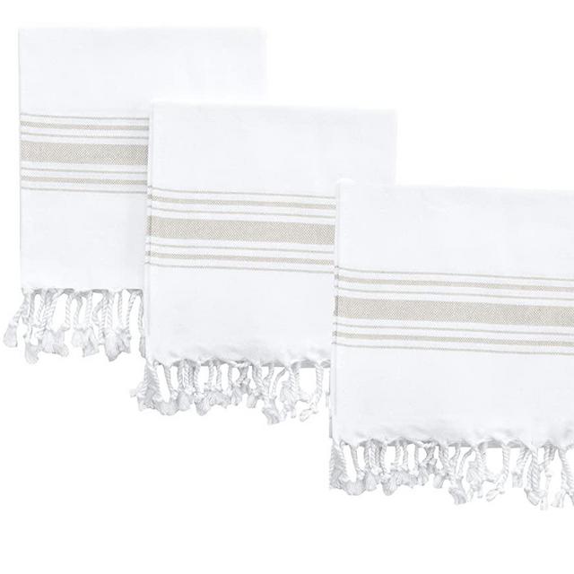 BAROOGA Turkish Hand Towel Set (Pack of 3) Face Towel, Peshtemal Fringe Hand Towel Set - Kitchen Tea Dish Cloth Set, Super Soft, Quick Dry and Highly Absorbent (18 x 38 inches) (Beige)