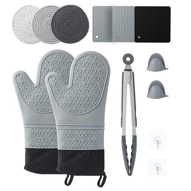 13 Pcs Set Oven Mitts and Pot Holders, Silicone Oven Mitts and Pot Holders 500F Heat Resistant, Includes Mini Oven Mitts, Hot Pads, Wall Hooks, Food Tongs- Perfect for Kitchen,Cooking,Protecting Hands