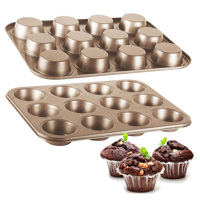 TAOUNOA Cupcake Pan 12-Well Nonstick 2 Pack, Rustproof Heavy Duty Muffin Pan for Baking, PTFE Free and Dishwasher Safe, Gold