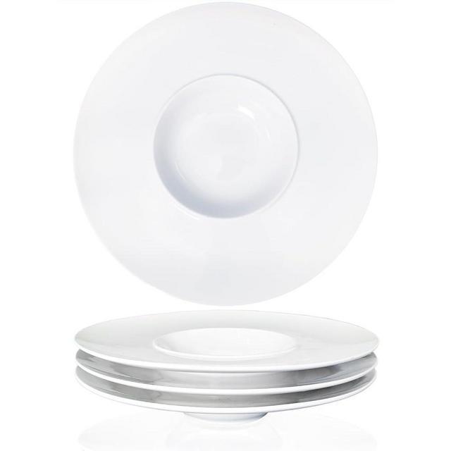 jinsongdafa Soup Bowl, Soup Plate with Rim 8.5 oz, Pasta Bowl Set of 4, White Shallow Bowl Plate, Ceramic Wide Rimmed Soup Bowl, Best choice for high-end restaurants, hotels, and foodies, 10.4 Inch