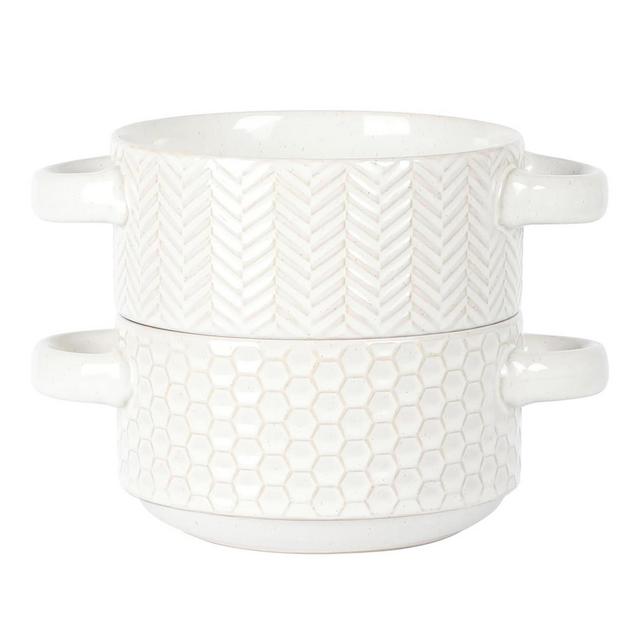 Gibson Elite Earlhart 2 Piece 6 Inch Ribbed Stoneware Honeycomb Pattern Soup Bowl Set with Handles in White