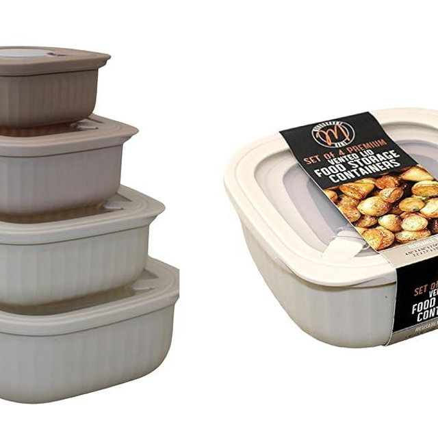 Set of 4 BPA-Free Square Food Storage Containers Vented Lids Assorted Sizes, Microwave & Freezer Safe Nesting Design for Leftovers Meal Prep Fridge Organization Dry Grains (Ivory)