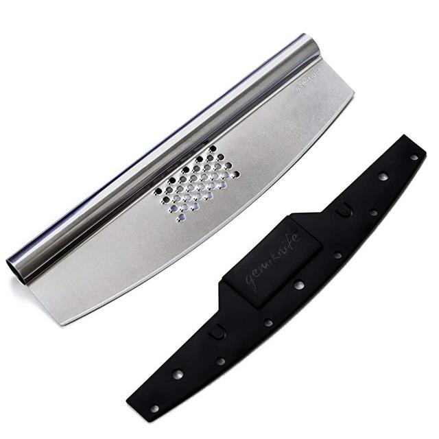 Gemiknife Pizza Cutter Plus. 14” Sharp Rocker Slicer + Built In Cheese Grater. Thick & Sturdy Stainless Steel Blade + Centered Handle + Protective Knife Cover + Dishwasher Safe.